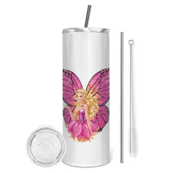 Barbie Νεράιδα, Tumbler ποτήρι θερμό από ανοξείδωτο ατσάλι 600ml, με μεταλλικό καλαμάκι & βούρτσα καθαρισμού