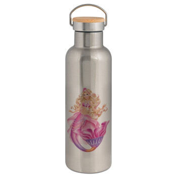 Barbie mermaid blue, Stainless steel Silver with wooden lid (bamboo), double wall, 750ml
