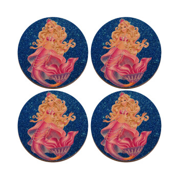 Barbie γοργόνα μπλε, ΣΕΤ x4 Σουβέρ ξύλινα στρογγυλά plywood (9cm)