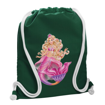 Barbie γοργόνα μπλε, Τσάντα πλάτης πουγκί GYMBAG BOTTLE GREEN, με τσέπη (40x48cm) & χονδρά λευκά κορδόνια