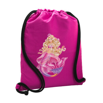 Barbie γοργόνα μπλε, Τσάντα πλάτης πουγκί GYMBAG Φούξια, με τσέπη (40x48cm) & χονδρά κορδόνια