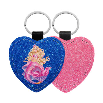 Barbie γοργόνα μπλε, Μπρελόκ PU δερμάτινο glitter καρδιά ΡΟΖ
