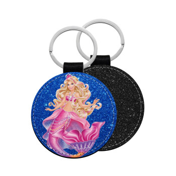 Barbie γοργόνα μπλε, Μπρελόκ Δερματίνη, στρογγυλό ΜΑΥΡΟ (5cm)