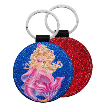 Barbie γοργόνα μπλε, Μπρελόκ Δερματίνη, στρογγυλό ΚΟΚΚΙΝΟ (5cm)