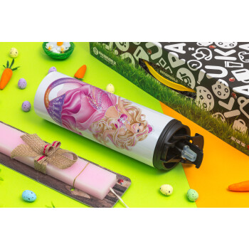 Barbie γοργόνα μπλε, Πασχαλινή Λαμπάδα με Travel Tumbler θερμό με διπλό καπάκι (600ml, BPA free) & κερί αρωματικό πλακέ (30cm) (ΡΟΖ)