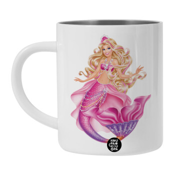 Barbie γοργόνα μπλε, Λευκή Ανοξείδωτη Μεταλλική Κούπα 450ml - Διπλού Τοιχώματος 