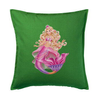 Barbie γοργόνα μπλε, Μαξιλάρι καναπέ Πράσινο 100% βαμβάκι, περιέχεται το γέμισμα (50x50cm)