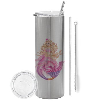 Barbie mermaid blue, Eco friendly stainless steel Silver tumbler 600ml, with metal straw & cleaning brush