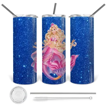 Barbie mermaid blue, Tumbler stainless steel 600ml, with metal straw & cleaning brush