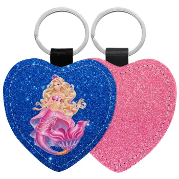 Barbie mermaid blue, Μπρελόκ PU δερμάτινο glitter καρδιά ΡΟΖ