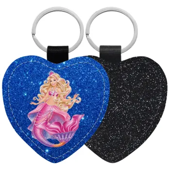 Barbie mermaid blue, Μπρελόκ PU δερμάτινο glitter καρδιά ΜΑΥΡΟ