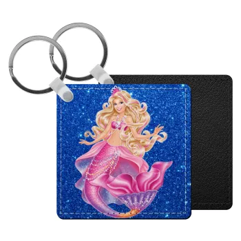 Barbie mermaid blue, Μπρελόκ Δερματίνη, τετράγωνο ΜΑΥΡΟ (5x5cm)