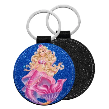 Barbie mermaid blue, Μπρελόκ Δερματίνη, στρογγυλό ΜΑΥΡΟ (5cm)