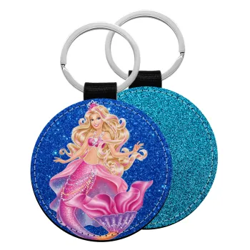 Barbie mermaid blue, Μπρελόκ Δερματίνη, στρογγυλό ΜΠΛΕ (5cm)