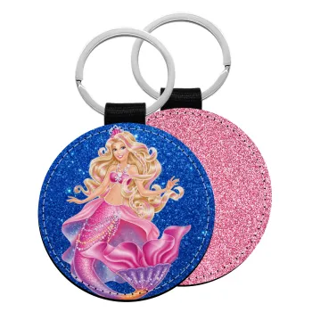 Barbie mermaid blue, Μπρελόκ Δερματίνη, στρογγυλό ΡΟΖ (5cm)