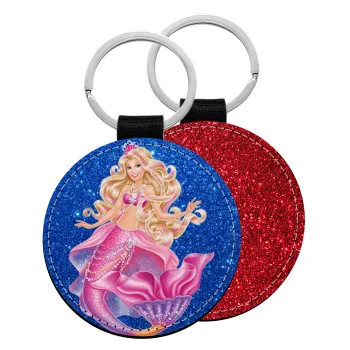 Barbie mermaid blue, Μπρελόκ Δερματίνη, στρογγυλό ΚΟΚΚΙΝΟ (5cm)