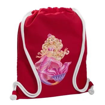 Barbie γοργόνα μπλε, Τσάντα πλάτης πουγκί GYMBAG Κόκκινη, με τσέπη (40x48cm) & χονδρά κορδόνια