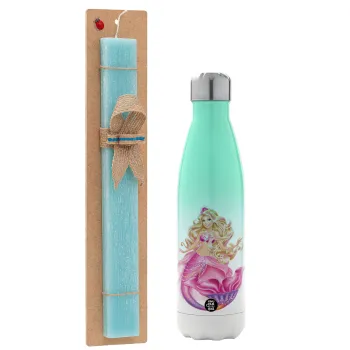 Barbie mermaid blue, Easter Set, Metallic green/white thermos (Stainless steel), double-walled, 500ml & scented flat Easter candle (30cm) (TURQUOISE)