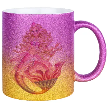 Barbie γοργόνα μπλε, Κούπα Χρυσή/Ροζ Glitter, κεραμική, 330ml