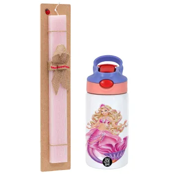Barbie mermaid blue, Easter Set, Children's thermal stainless steel water bottle with safety straw, pink/purple (350ml) & Easter scented flat candle (30cm) (PINK)