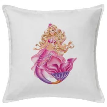 Barbie γοργόνα μπλε, Μαξιλάρι καναπέ ΛΕΥΚΟ 100% βαμβάκι, περιέχεται το γέμισμα (50x50cm)