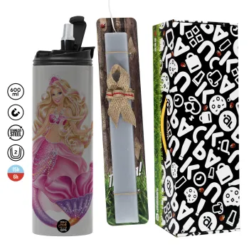 Barbie γοργόνα μπλε, Πασχαλινή Λαμπάδα με Travel Tumbler θερμό (600ml, BPA free) & κερί αρωματικό πλακέ (30cm) (ΓΚΡΙ)