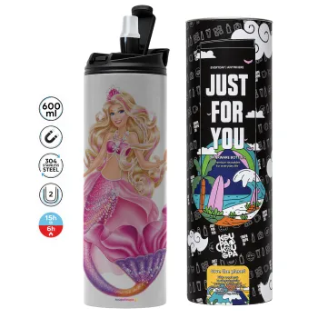 Barbie γοργόνα μπλε, Tumbler ποτήρι θερμό ΓΚΡΙ από ανοξείδωτο ατσάλι 600ml