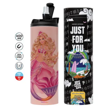 Barbie γοργόνα μπλε, Tumbler ποτήρι θερμό ΡΟΖ από ανοξείδωτο ατσάλι 600ml