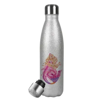 Barbie mermaid blue, Metallic Glitter Silver Thermos Flask (Stainless steel), double-walled, 500ml