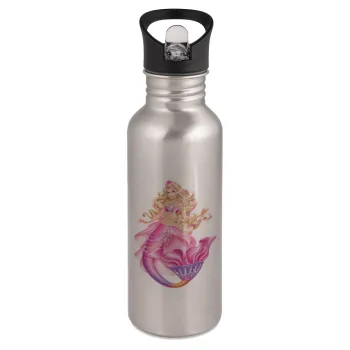 Barbie γοργόνα μπλε, Παγούρι νερού Ασημένιο με καλαμάκι, ανοξείδωτο ατσάλι 600ml