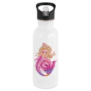 Barbie mermaid blue, White water bottle with straw, stainless steel 600ml