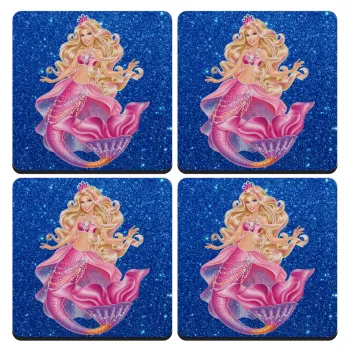 Barbie mermaid blue, ΣΕΤ 4 Σουβέρ ξύλινα τετράγωνα (9cm)