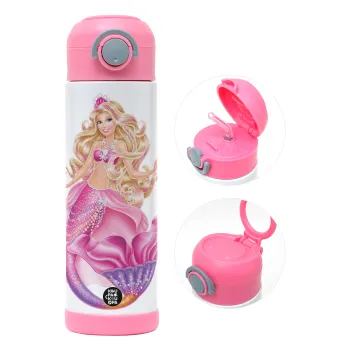 Barbie γοργόνα μπλε, Παιδικό παγούρι θερμό, ανοξείδωτο, με καλαμάκι ασφαλείας, ΡΟΖ (500ml)