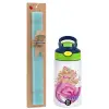Easter Set, Children's thermal stainless steel bottle with safety straw, green/blue (350ml) & aromatic flat Easter candle (30cm) (TURQUOISE)