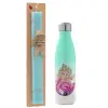 Easter Set, Metallic green/white thermos (Stainless steel), double-walled, 500ml & scented flat Easter candle (30cm) (TURQUOISE)