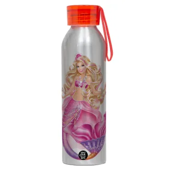 Barbie γοργόνα μπλε, Αλουμινένιο Αθλητικό Μπουκάλι 650ml – Ασημί με Κόκκινο Καπάκι και Λουράκι Σιλικόνης