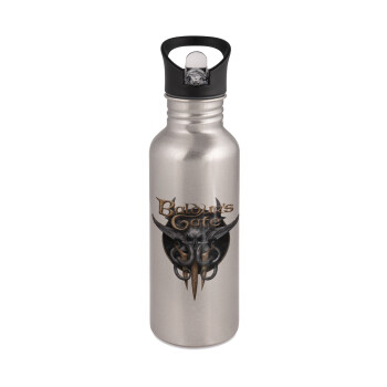 Baldur's Gate, Water bottle Silver with straw, stainless steel 600ml