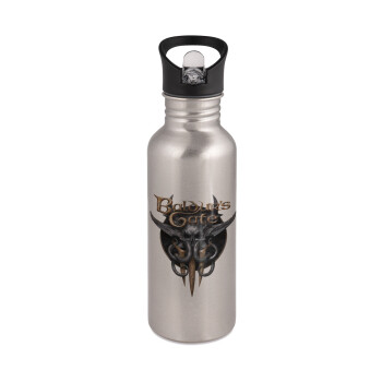 Baldur's Gate, Water bottle Silver with straw, stainless steel 600ml
