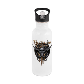 Baldur's Gate, White water bottle with straw, stainless steel 600ml
