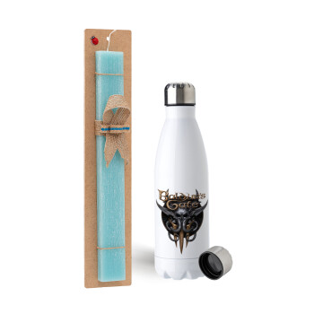 Baldur's Gate, Easter Set, metallic stainless steel water bottle (750ml) & aromatic flat Easter candle (30cm) (TURQUOISE)