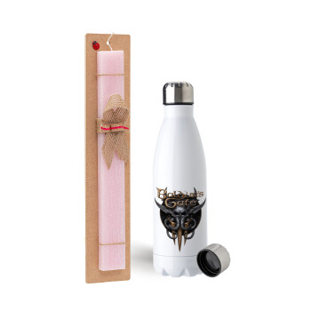 Baldur's Gate, Easter Set, metallic stainless steel water bottle (750ml) & scented flat Easter candle (30cm) (PINK)