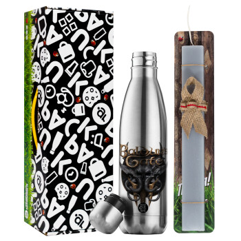 Baldur's Gate, Easter Set, metallic stainless thermos flask (500ml) & scented flat Easter candle (30cm) (GRAY)