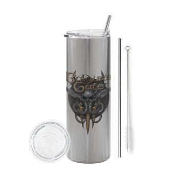 Baldur's Gate, Eco friendly stainless steel Silver tumbler 600ml, with metal straw & cleaning brush