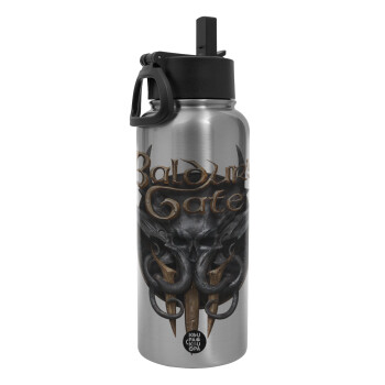 Baldur's Gate, Metal mug thermo Silver with Straw and Spout Lid (Stainless steel), double wall, 950ml