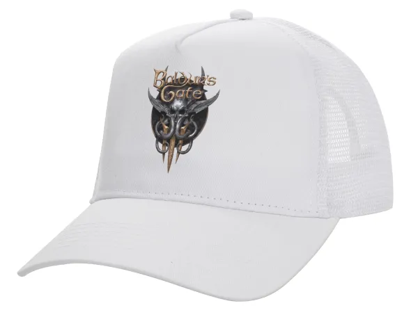 Baldur's Gate — Structured Trucker Adult Hat, with Mesh, WHITE (100% COTTON, ADULT, UNISEX, ONE SIZE)