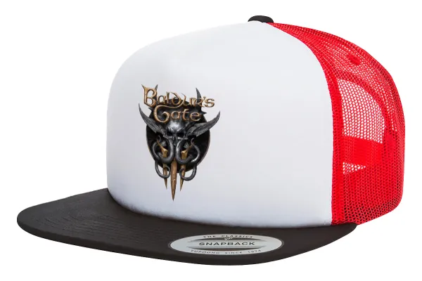 Baldur's Gate — Adult Foam Flat Snapback with Mesh Black-White-Red (POLYESTER, ADULT, UNISEX, ONE SIZE)