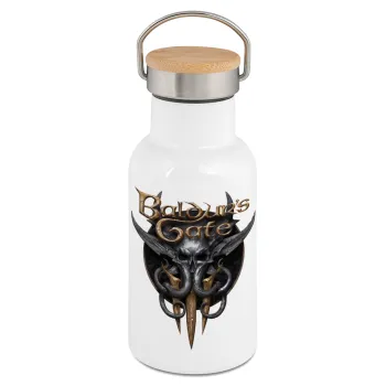 Baldur's Gate, Metallic thermos (Stainless steel) White with wooden lid (bamboo), double-walled, 350ml