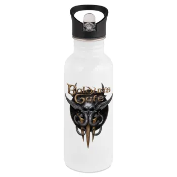 Baldur's Gate, White water bottle with straw, stainless steel 600ml