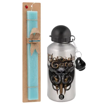 Baldur's Gate, Easter Set, metallic silver aluminum water bottle (500ml) & scented flat Easter candle (30cm) (TURQUOISE)