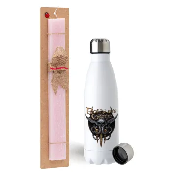 Baldur's Gate, Easter Set, metallic stainless steel water bottle (750ml) & scented flat Easter candle (30cm) (PINK)